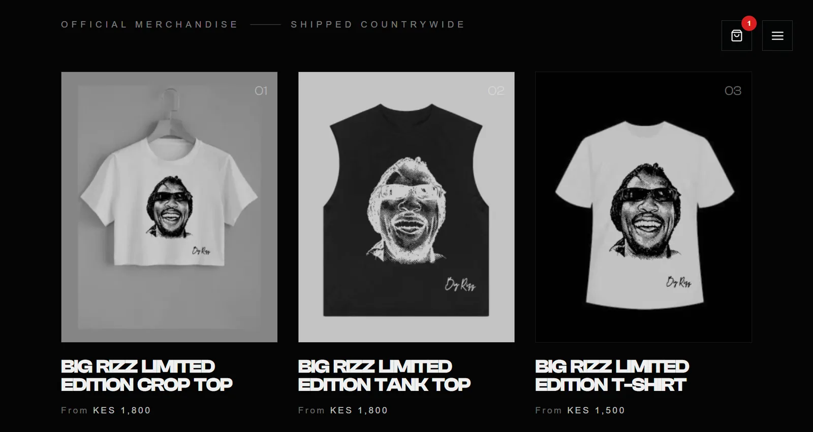 The Charisma storefront: three merchandise cards in their own black and white design, a price under each title, and a basket count in the header.